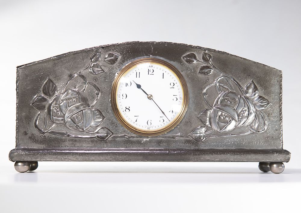 Arts and Crafts pewter clock with Glasgow School roses